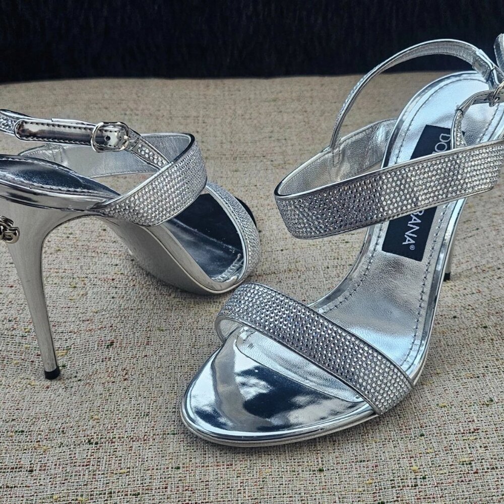 Dolce & Gabbana Women Heel Sandal Silver Tone Shoes Leather Made Italy Size 37 - Picture 2 of 12